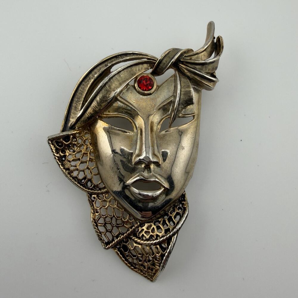Vintage Mask Face Brooch Red Rhinestone Gold Silver Tone Statement Pin